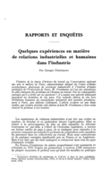 Quelques expériences en matière de relations industrielles et humaines dans l'industrie