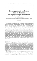 Développements en France dans le domaine de la psychologie industrielle