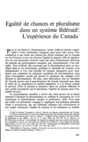 Egalité de chances et pluralisme dans un système fedératif: l'expérience du Canada