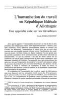 L'humanisation du travail en République fédérale d'Allemagne: une approche axée sur les travailleurs