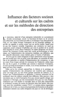Influence des facteurs sociaux et culturels sur les cadres et sur les méthodes de direction des entreprises