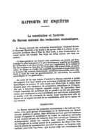La constitution et l'activité du Bureau national des recherches économiques