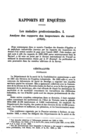 Les maladies professionnelles: I, Analyse des rapports des inspecteurs du travail (1923)